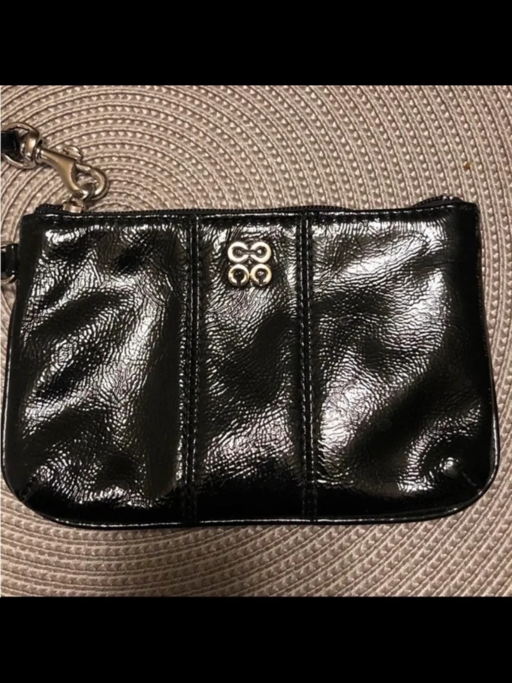 Black Patent Leather Wristlet with Gold Logo And Pink Interior